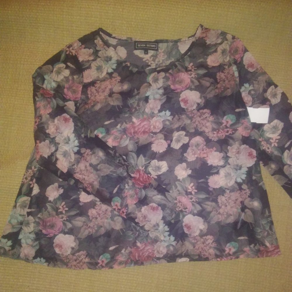 Seven Sisters brand - Long Sleeve Floral Sheer Shirt -Size SM
